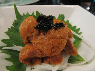 Uni Sashimi with Mountain Potato (Ngaimo) Strand and Caviar Atop a Shiso Leaf