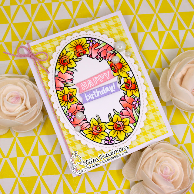 Spring Floral Card by Ellen Haxelmans | Spring Blooms Oval Stamp Set, Oval Frames Die Set, Spring Blooms Paper Pad and A7 Frames & Banners Die Set by Newton's Nook Designs