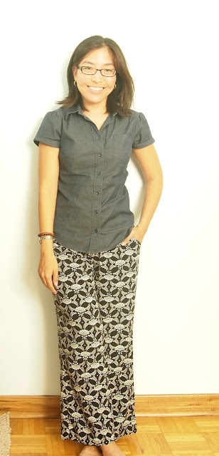 printed pants black and white chambray patterned pants