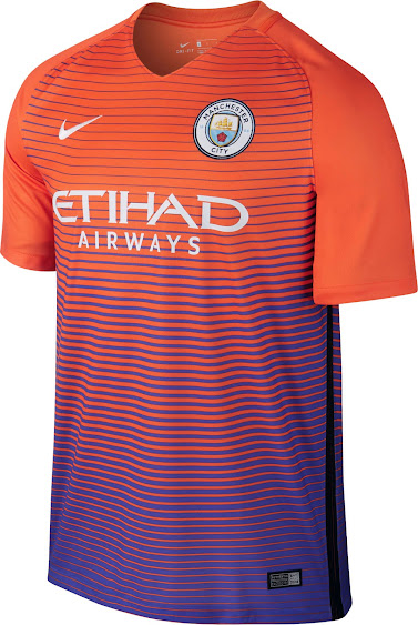 Manchester City's 16-17 third kit is anything but usual, boasting orange and purple as main colors, with white and black used for trim. The new Manchester City 2016-2017 third jersey was unveiled by players and fans today. Once again based on a global Nike template as in the previous two seasons, the new Man City third kit reflects the city's status as a hub for music, style and sport.  +4   The new Manchester City 16-17 home, away and third kits are the first to feature the new club crest which was unveiled in late 2015. Etihad Airways continues as main sponsor for the new Manchester City 2016-17 shirt.  Manchester City 16-17 Third Kit This is the new Manchester City third shirt.  Made by Nike, the new Manchester City third jersey is predominantly orange with a dominant purple fade on the front. Both the Nike and Etihad logos on the front of the Made City 16-17 third kit are white. Based on Nike's Vapor kit template with AeroSwift technology, the Manchester City 2016-17 third shirt sees a black line run down on each side.  In the first season in which Manchester City uses its new club logo, Nike and the club decided to use the original, colored version of it on the Manchester City 2016-2017 third kit.  +1   The shorts of the Manchester City 16-17 third kit will also be purple (officially 'Persian Violet'), while the color of the socks is not known at the moment.    The Manchester City 2016-17 third kit will be the first time for Manchester City to sport an orange shirt in away games since the 2008-09 season, when the away kit was orange with navy and yellow trim.
