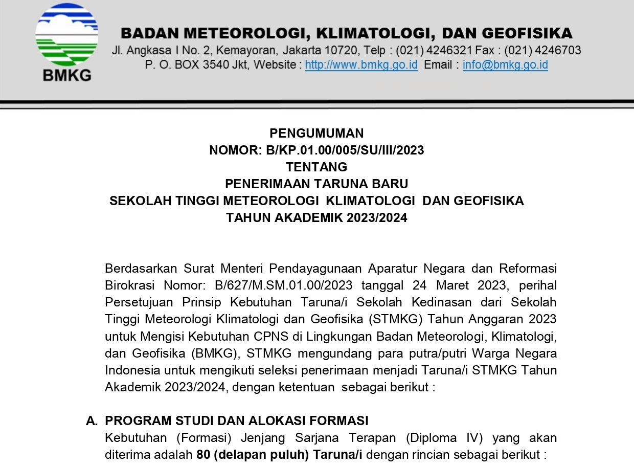 Informasi Tentang Seleksi Penerimaan Taruna STMKG (Sekolah Tinggi Meteorologi Klimatologi dan Geofisika) Tahun 2023