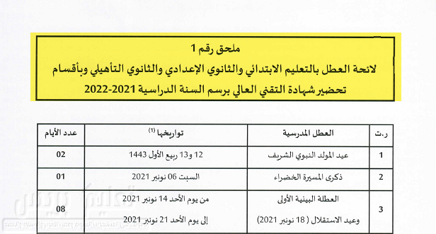 لائحة العطل المدرسية المحينة برسم الموسم الدراسي 2021-2022