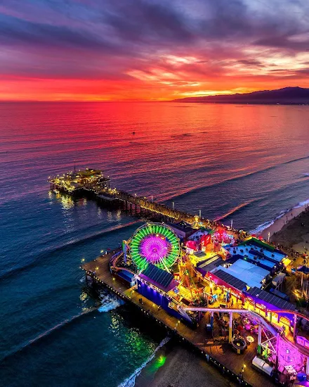 The beautiful Santa Monica Pier at sunset.