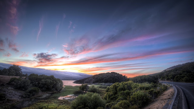 Road Sunset Trees River Landscape HD Wallpaper