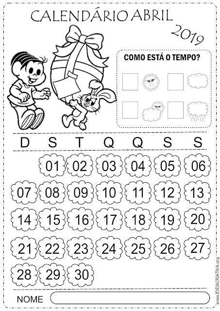 Calendários Abril 2019 Turma da Mônica para imprimir e colorir 