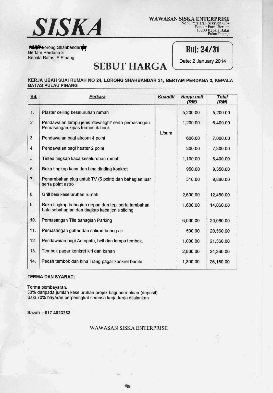 Contoh Sebut Harga Pembinaan Rumah