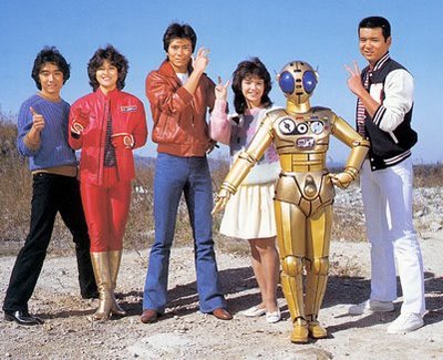 Bioman Team in Human Form Shiro Go - Red One, Shingo Takasugi - Green Two, Ryuta Nanbara - Blue Three, Mika Koizumi - Yellow Four, and Hikaru Katsuragi - Pink Five, and Peebo