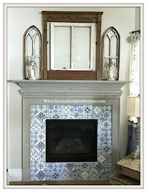 Peel & Stick -Faux-Blue-White-Tile- Wallpaper-Cottage-Fireplace-Farmhouse-From My Front Porch To Yours