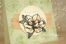 scissorspapercard, Stampin' Up!, Just Add Ink, Magnolia Blooms, Hugs From Shelli, Subtle EF, Stampin' Blends, Faux Fabric Technique