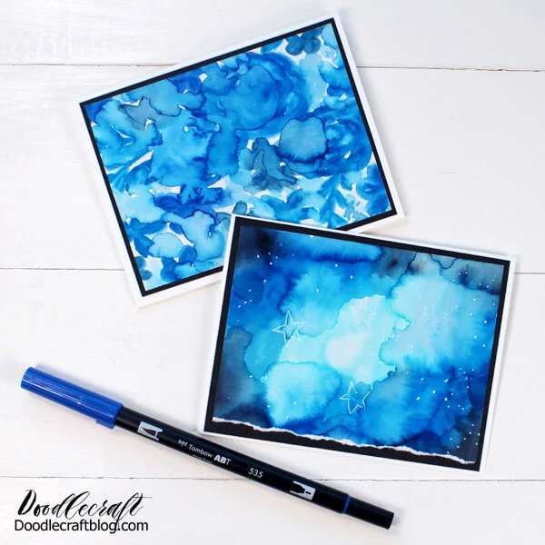 Handmade cards made with shades of blue in a stunning galaxy watercolor technique.