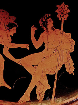 Dionysos, éphèbe nu, mythologie, mythologie grecque, thyrse, pomme de pin, pin, 