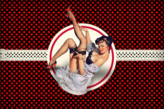 Para hacer invitaciones, tarjetas, marcos de fotos o etiquetas, para imprimir gratis de Pin Up en Negro con Lunares Rojos. 