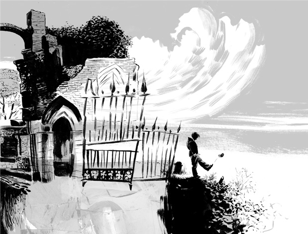 Black, white, and gray-tone illustration of a boy kicking a rock off a hill at the edge of a gated graveyard against a clouded sky