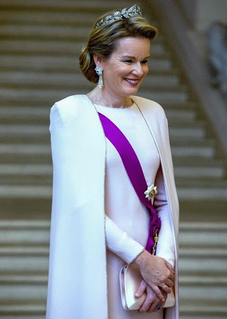 Queen Mathilde wore a pink cape gown by Armani Prive. President Ignazio Cassis and his wife Paola Rodoni Cassis