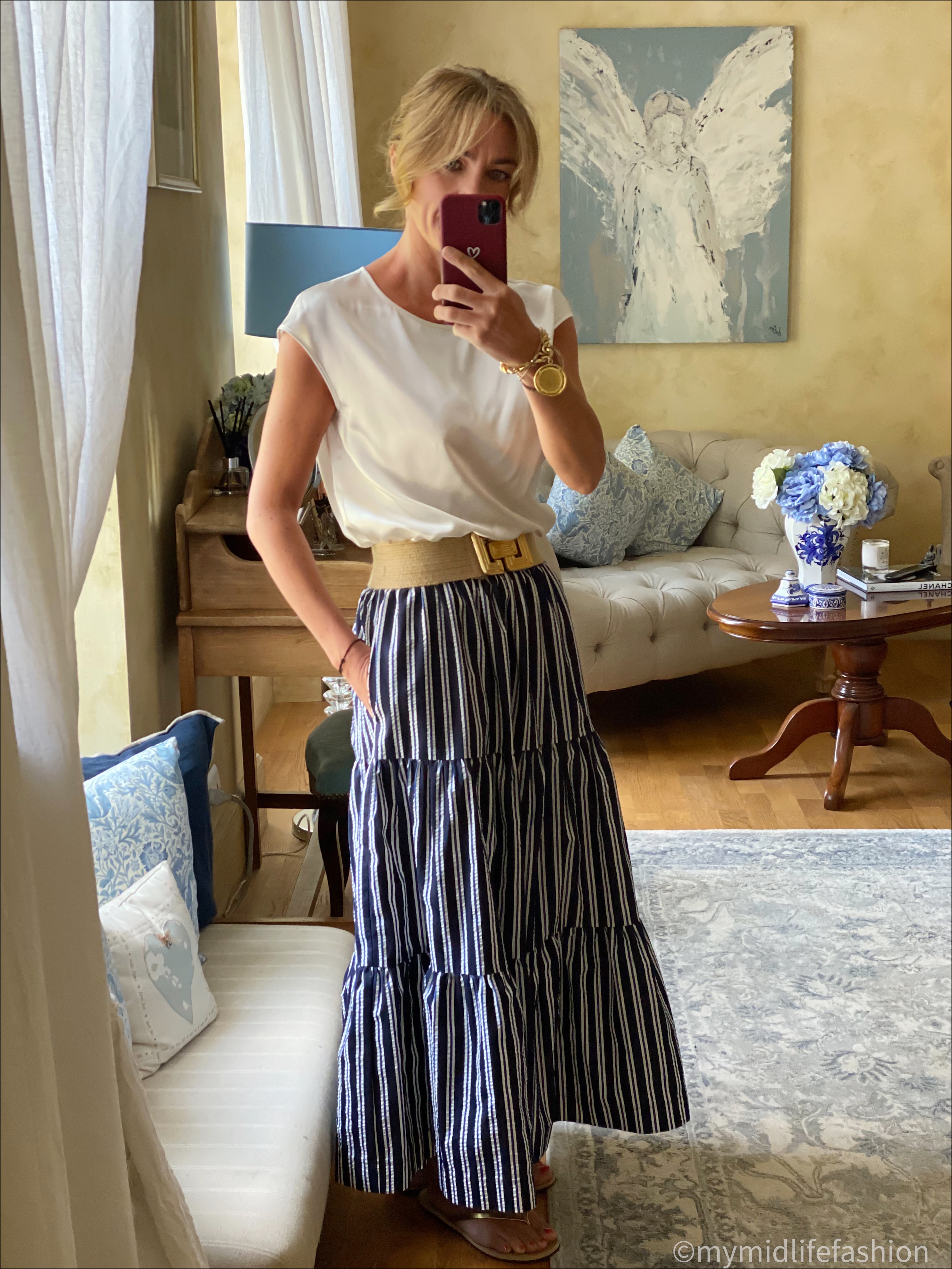 my midlife fashion, lily silk basic cap sleeves silk tee, Zara jute belt, parosh tiered stripe maxi skirt, havaianas slim fit flip flops