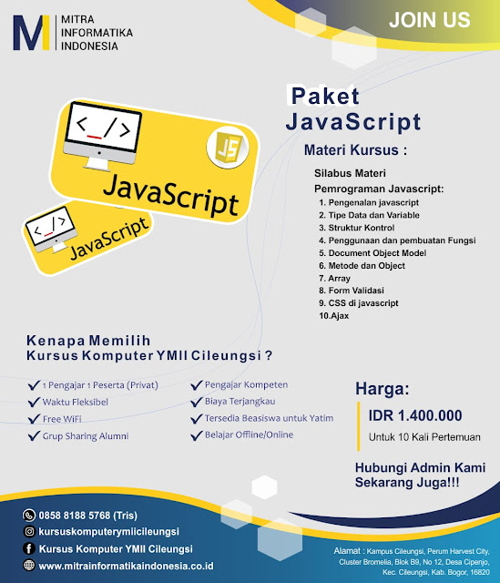 tempat belajar web programming javascript di kursus komputer ymii cileungsi