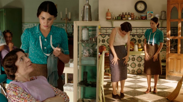 Sira Quiroga blusa verde y falda marrón. El tiempo entre costuras. Capítulo 2.