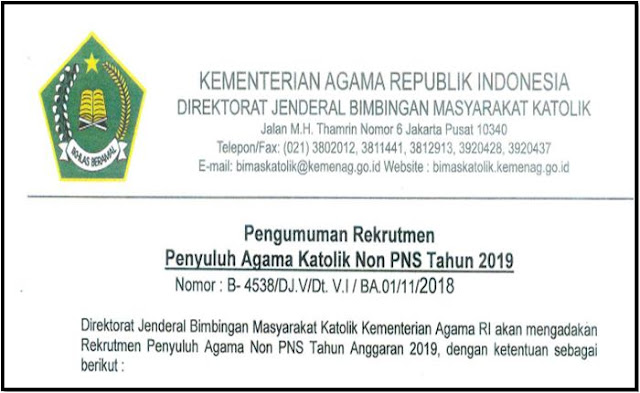 Daftar Rekrutmen Penyuluh Agama Katholik Non PNS 2019 Kementerian Agama