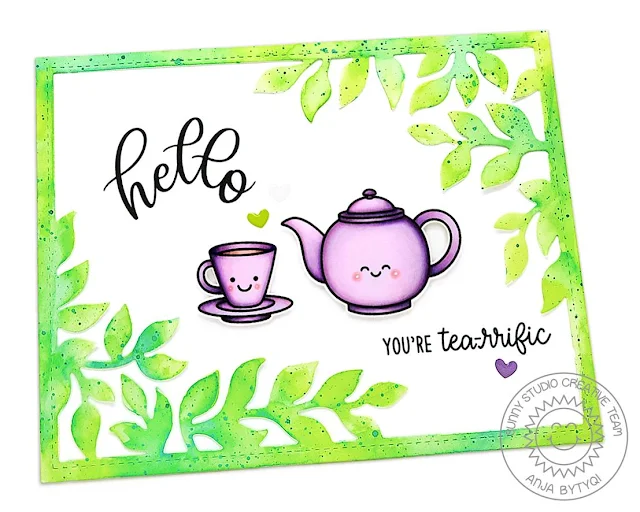 Sunny Studio Stamps: Tea-riffic Botanical Backdrop Dies Potted Rose Punny Everyday Card by Anja Bytyqi