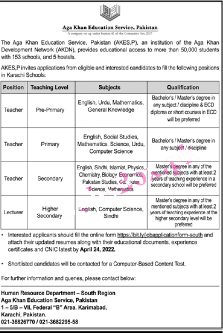 Lecturers and Teachers Jobs in Karachi Aga Education Service Schools
