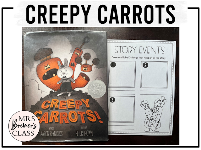 Creepy Carrots book activities unit with printables, literacy companion activities, reading worksheets, and a craft for Kindergarten and First Grade