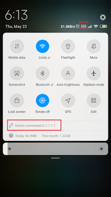 Connect Aplikasi 1.1.1.1 dengan cara klik atau geser. kemudian warna pada 1.1.1.1 akan bergerak dan juga muncul logo VPN dan Selesai 2