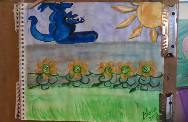 Cartoon blue kanga admiring flowers dancing, created by Gloria Poole; Nov 2013