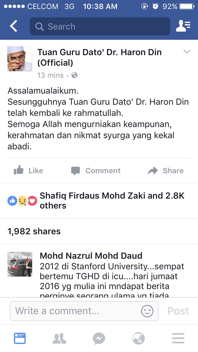 AL-FATIHAH TN GURU DATO DR HARON DIN MENINGGAL DUNIA PADA JAM 10.10 PAGI JUMAAT WAKTU MALAYSIA