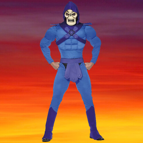 Man wearing a Skeletor Costume with Sunset Background