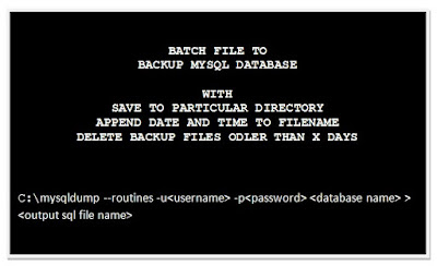 Batch File Example Code To Backup MySQL Database To A Particular Folder Batch File Example Code To Backup MySQL Database To A Particular Folder, Append Date and Time, Delete Backups Older Than X Days