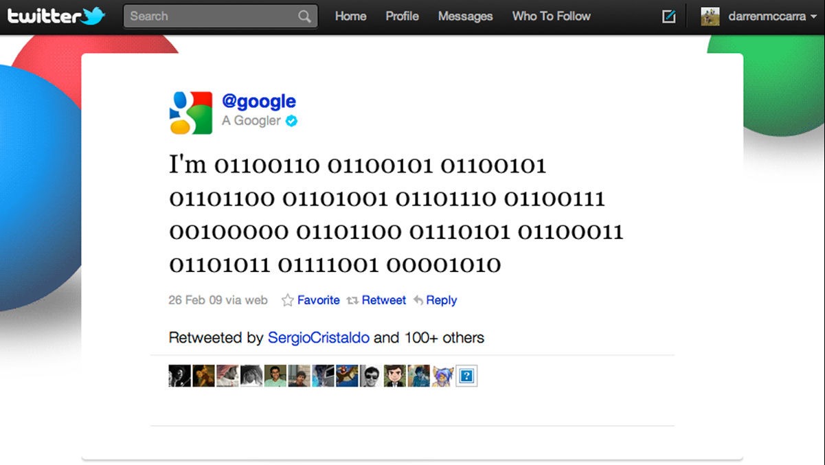 google's first tweet on 29 fb 2009