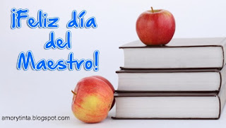 feliz dia del maestro con libros y manzanas