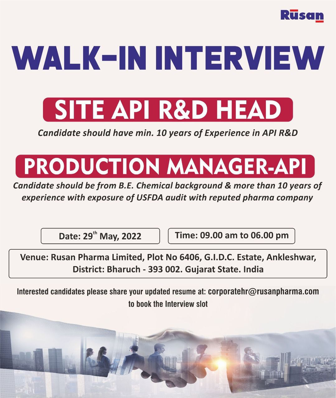 Job Availables,Rusan Pharma  Walk-In-Interview For BE Chemical