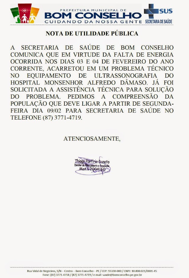 FALTA DE ENERGIA AFETA APARELHO DE ULTRASSONOGRAFIA DO HOSPITAL DE BOM CONSELHO