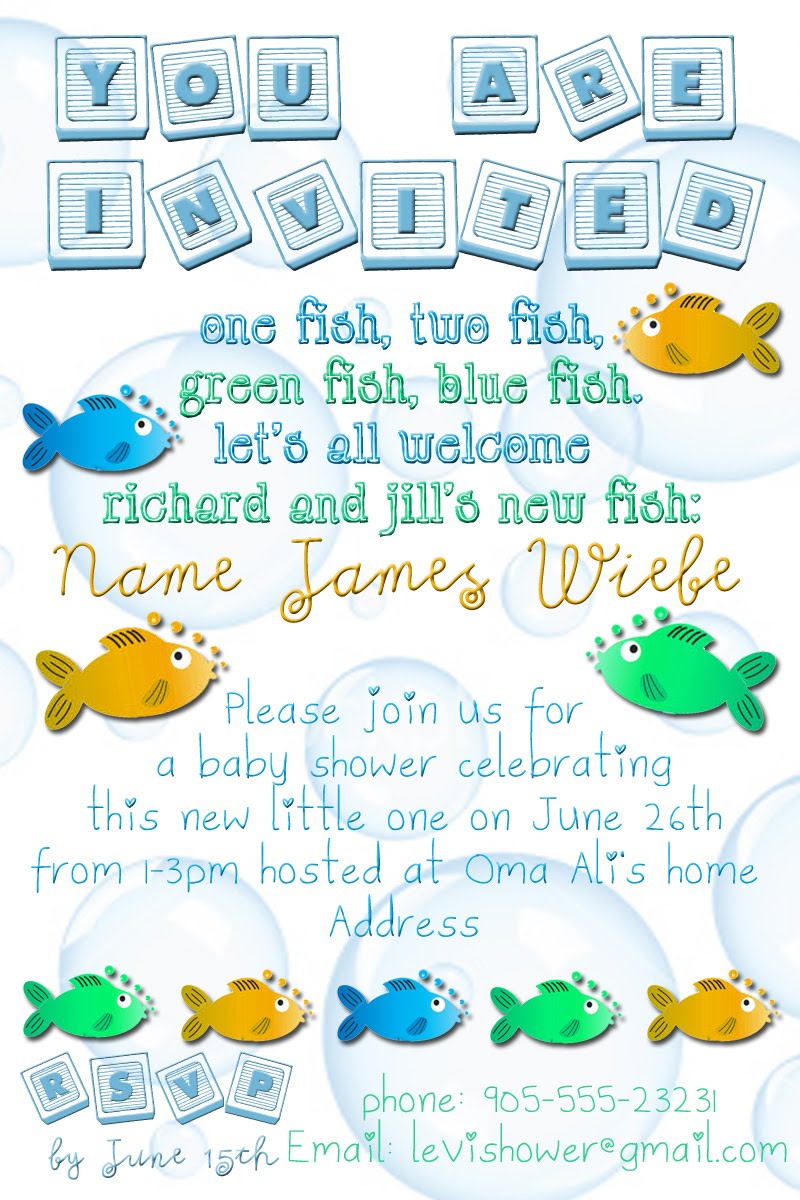 baby shower invitation yellow blue and green fish theme