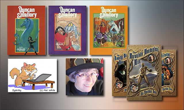 The “Duncan And Mallory” series in their original covers by Mel. White form part of a montage that also shows Mel’s “Syskitty” avatar, which she uses on Facebook, Rie Sheridan Rose’s author photo, and the series image for Rie’s “Conn-Mann Chronicles.”