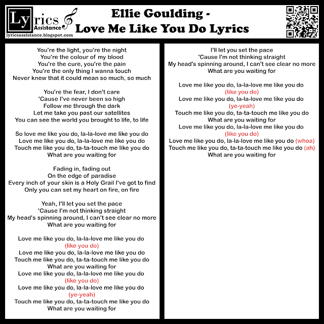 Ellie Goulding - Love Me Like You Do Lyrics | lyricsassistance.blogspot.com