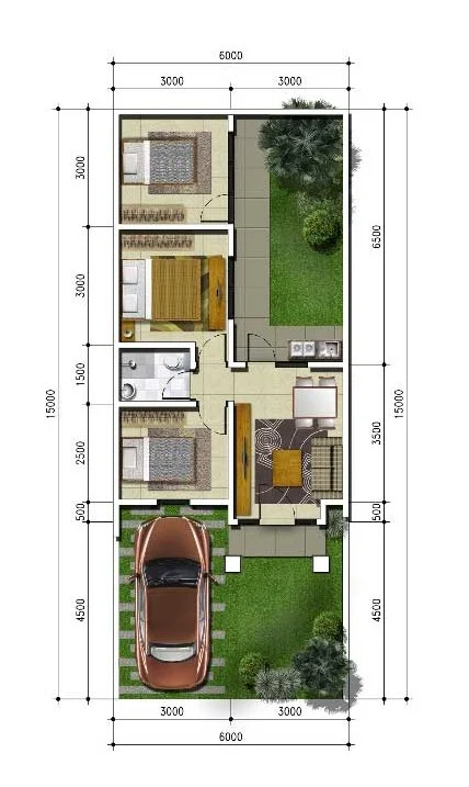 kita kali ini ialah bagan dengan ukuran lahan lebar  Denah rumah minimalis ukuran 6x15 meter 3 kamar tidur 1 lantai + tampak depan