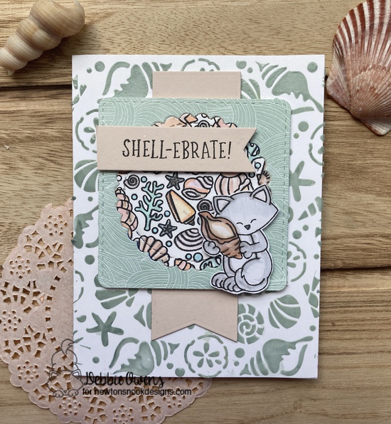 Shell-ebrate by Debbie features Newton's Seashell, Seashell Roundabout, Circle Frames, Frames Squared, and Frames & Flags by Newton's Nook Designs; #inkypaws, #newtonsnook, #cardmaking, #catcards, #summercards