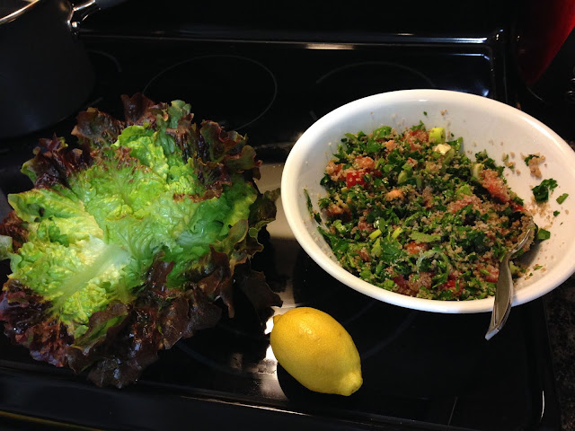 Tabbouleh Salad with parsley, bulgur, tomato, and leek.