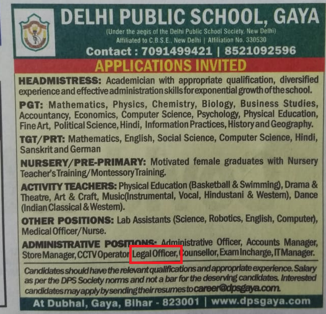 Legal Officer at Delhi Public School, Gaya