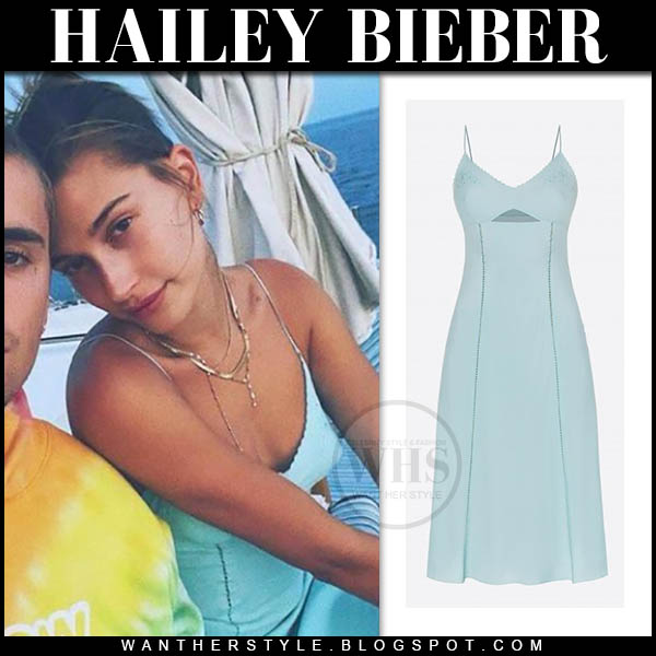 Hailey Bieber in pale blue dress