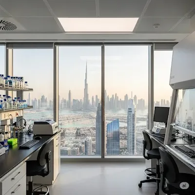 Top-tier, highly equipped, empty laboratory offering a stunning panoramic view of Dubai, United Arab Emirates, featuring the iconic Burj Khalifa — the tallest building in the world — the Dubai Fountain Lake and its internal structures, and other impressive skyscrapers. This very advanced lab specializes in genetic research, symbolizing the vast potential for scientific innovation and groundbreaking discoveries about human DNA for humanity.