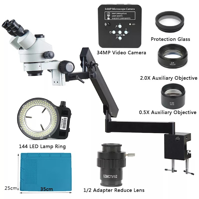 3.5X - 90X Articulating Arm Pillar Clamp Zoom Simul Focal Trinocular Stereo Microscope + 34MP Video Camera For Industrial PCB 