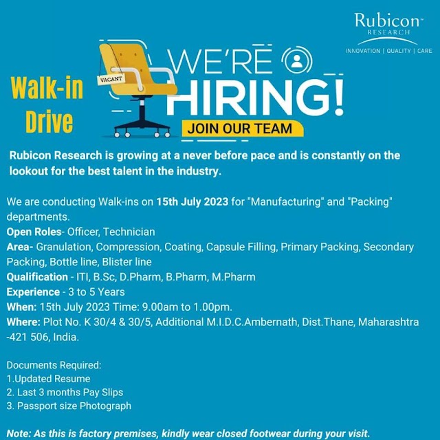 Rubicon Research | Walk-in interview for Manufacturing & Packing on 15th July 2023