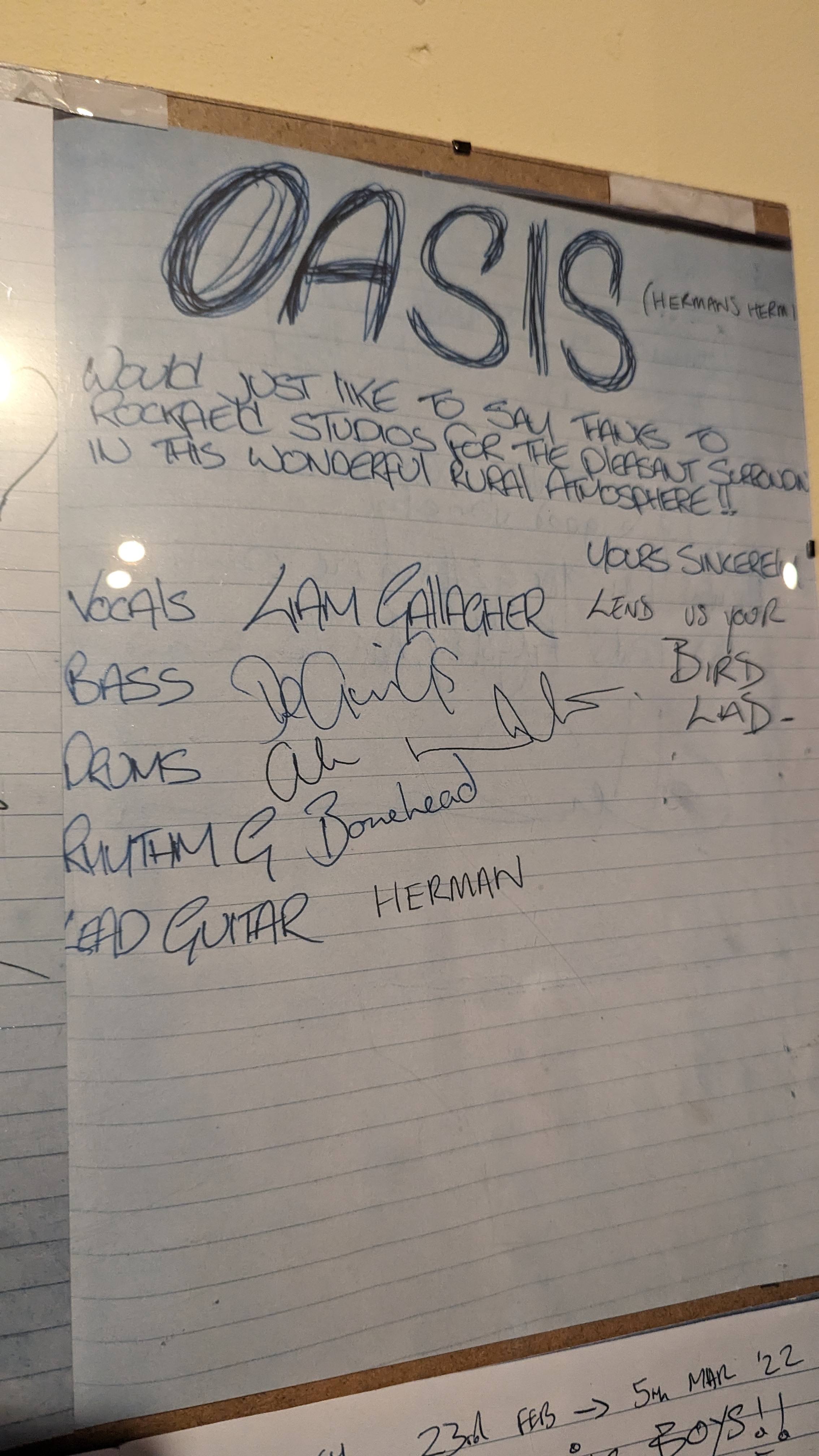 Oasis 'thank you' note on the wonder wall of Rockfield Studios