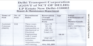 Assistant Foreman Diploma Engineering Jobs in Delhi Transport Corporation