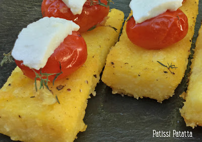 recette de polenta tomate mozzarella, polenta tomates cerises, polenta en canapé, polenta tomates de Gordon Ramsay, recette de Gordon Ramsay, tomate, mozzarella version polenta, apéritif dinatoire, entrée, polenta au parmesan, patissi-patatta