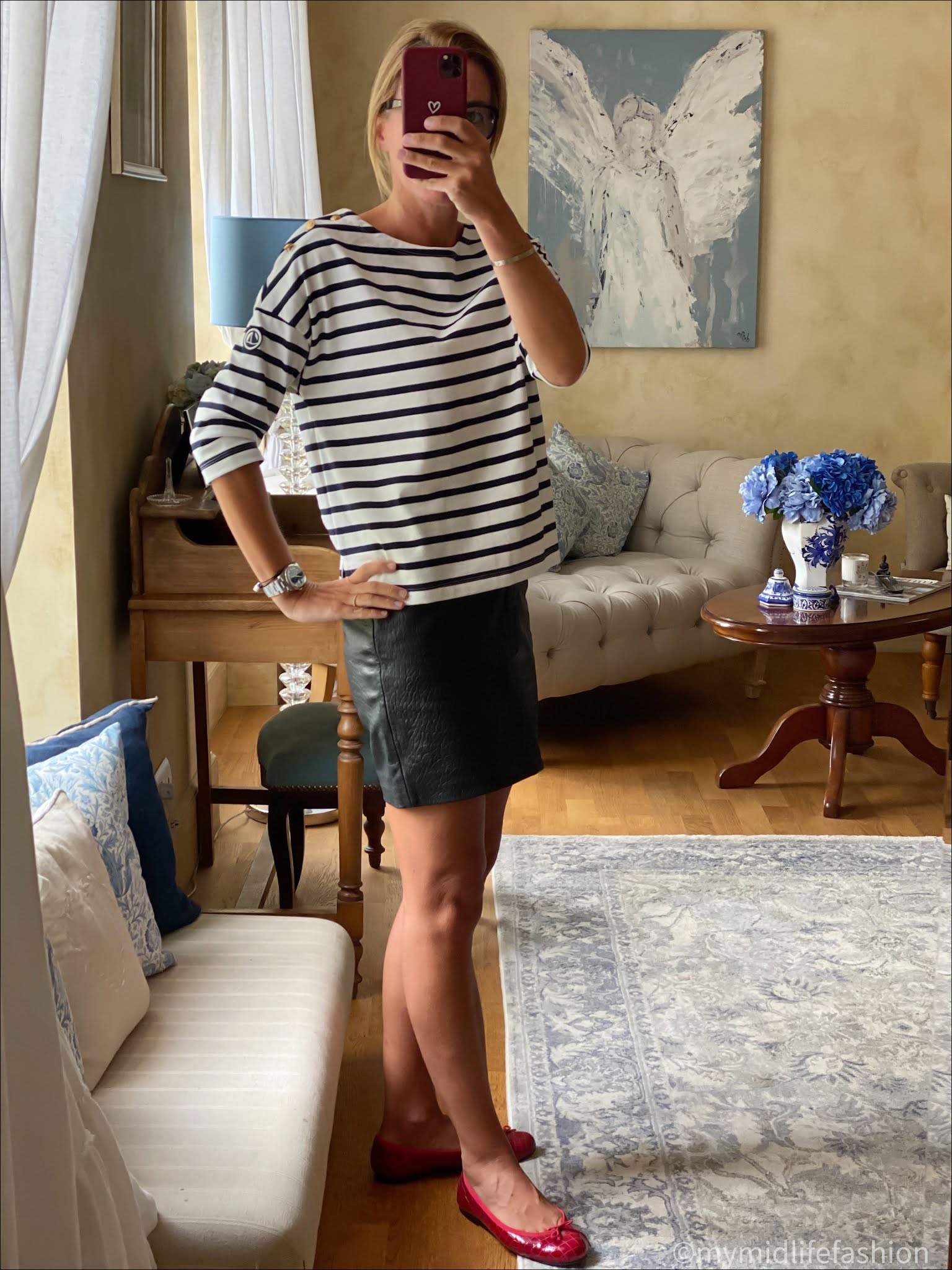 my midlife fashion, petit bateau breton stripe top, marks and Spencer faux leather skirt, French sole Henrietta ballet pumps