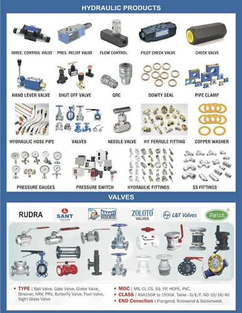 HYDRAULIC PRODUCTS DIREC. CONTROL VALVE PRES. RELIEF VALVE FLOW CONTROL  PILOT CHECK VALVE CHECK VALVE HAND LEVER VALVE SHUT OFF VALVE QRC DOWTY SEAL PIPE CLAMP HYDRAULIC HOSE PIPE VALVES NEEDLE VALVE HY. FERRULE FITTING • COPPER WASHER PRESSURE GAUGES PRESSURE SWITCH RUDRA SANT HYDRAULIC FITTINGS ZOLOTO® VALVES SS FITTINGS VALVES C) L&T Valves Parixit • TYPE: Ball Valve, Gate Valve, Globe Valve, Strainer, NRV, PRV, Butterfly Valve, Foot Valve, Sight Glass Valve • MOC : MS, CI, CS, SS, PP, HDPE, PVC. • CLASS: ASA150# to 1500#, Table - D/E/F, ND-10/16/40 • END Conection : Flangend, Screwend & Socketweld.